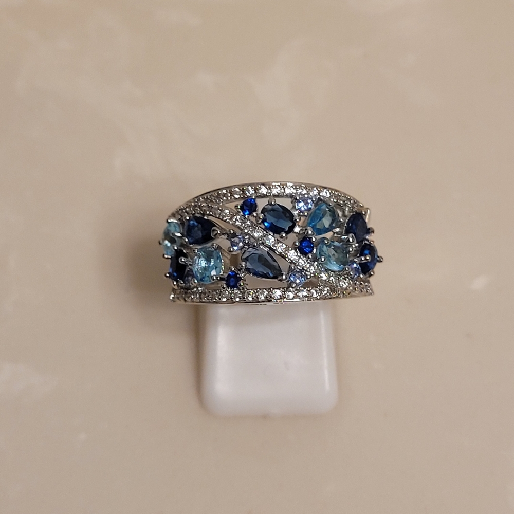 925 Silver CZ Aquamarine and Sapphire Cluster Ring Size 7.5 - Picture 5 of 7